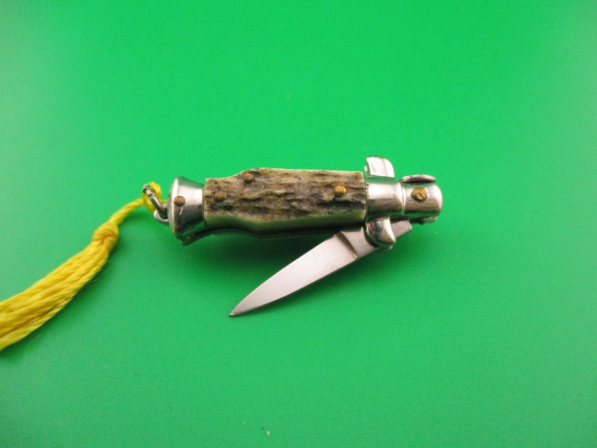 INOX 7cm Italian Mini Picklock Stag 4 pin vintage automatic knife w Yellow tassel