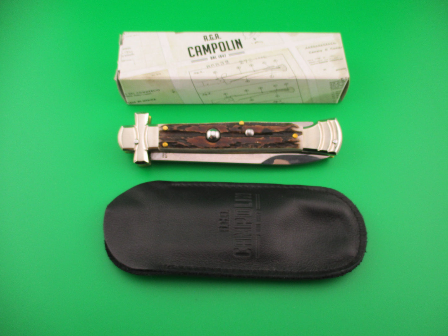 AGA CAMPOLIN 23cm Italian Maltese Stag crossguard automatic knife w box