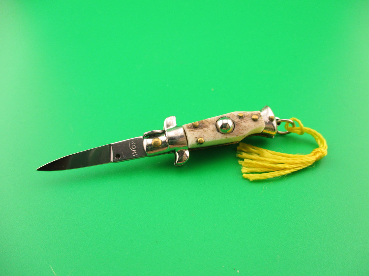 INOX 7cm Italian Mini Picklock Stag 4 pin vintage automatic knife w Yellow tassel