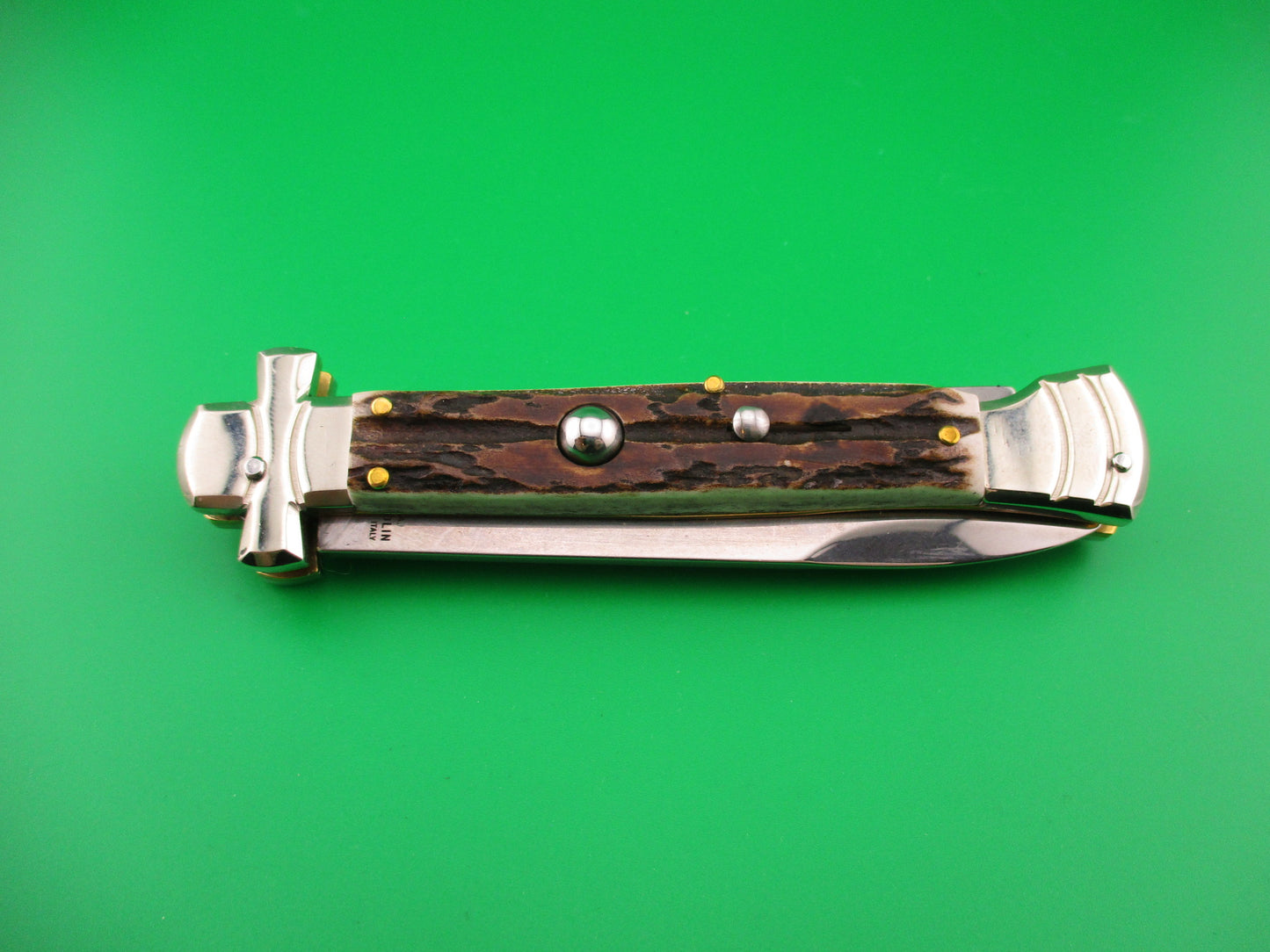 AGA CAMPOLIN 23cm Italian Maltese Stag crossguard automatic knife w box