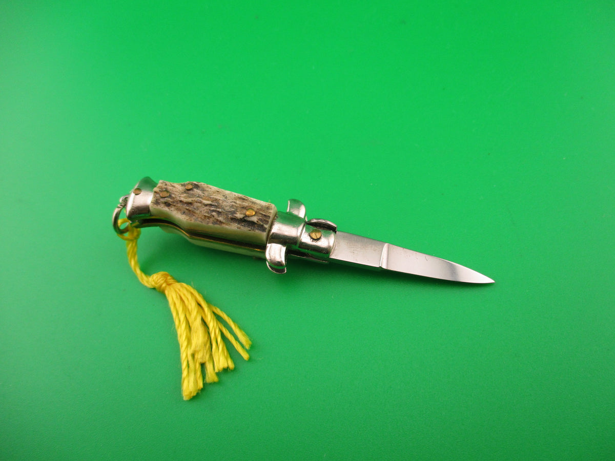 INOX 7cm Italian Mini Picklock Stag 4 pin vintage automatic knife w Yellow tassel
