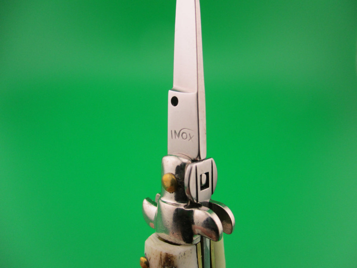 INOX 7cm Italian Mini Picklock Stag 4 pin vintage automatic knife w Yellow tassel