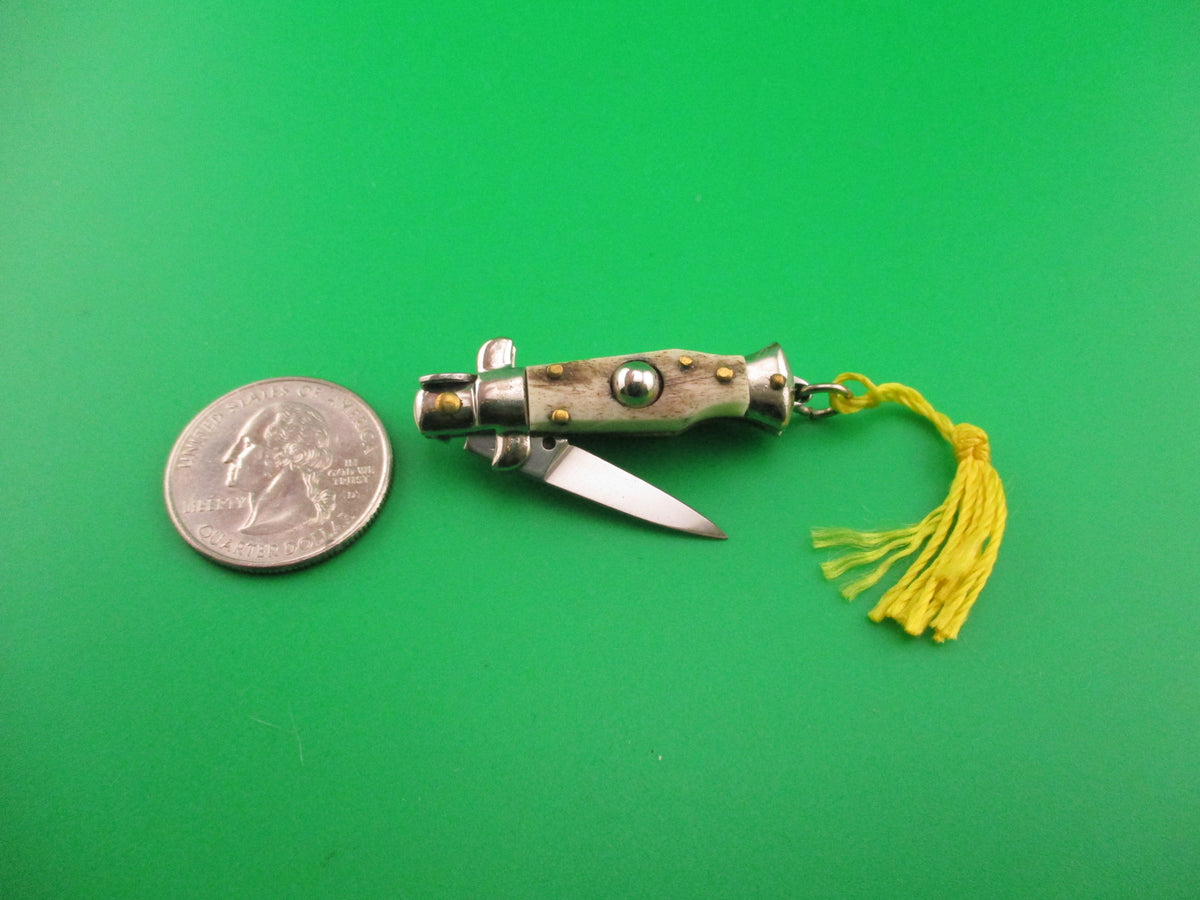 INOX 7cm Italian Mini Picklock Stag 4 pin vintage automatic knife w Yellow tassel
