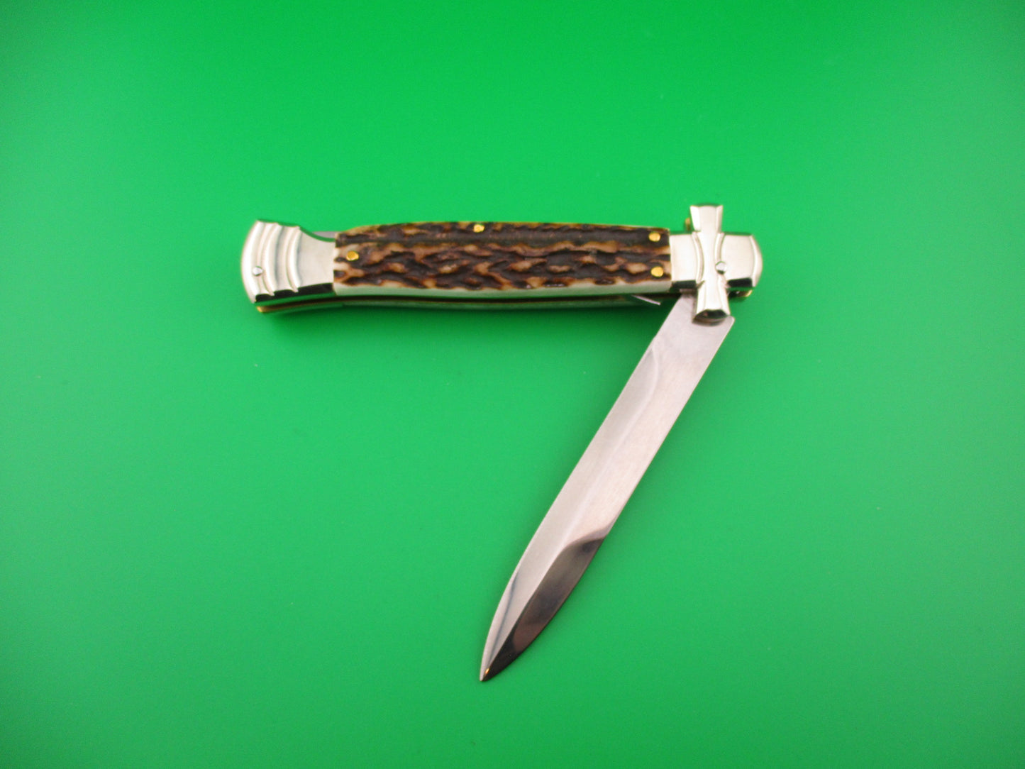 AGA CAMPOLIN 23cm Italian Maltese Stag crossguard automatic knife w box