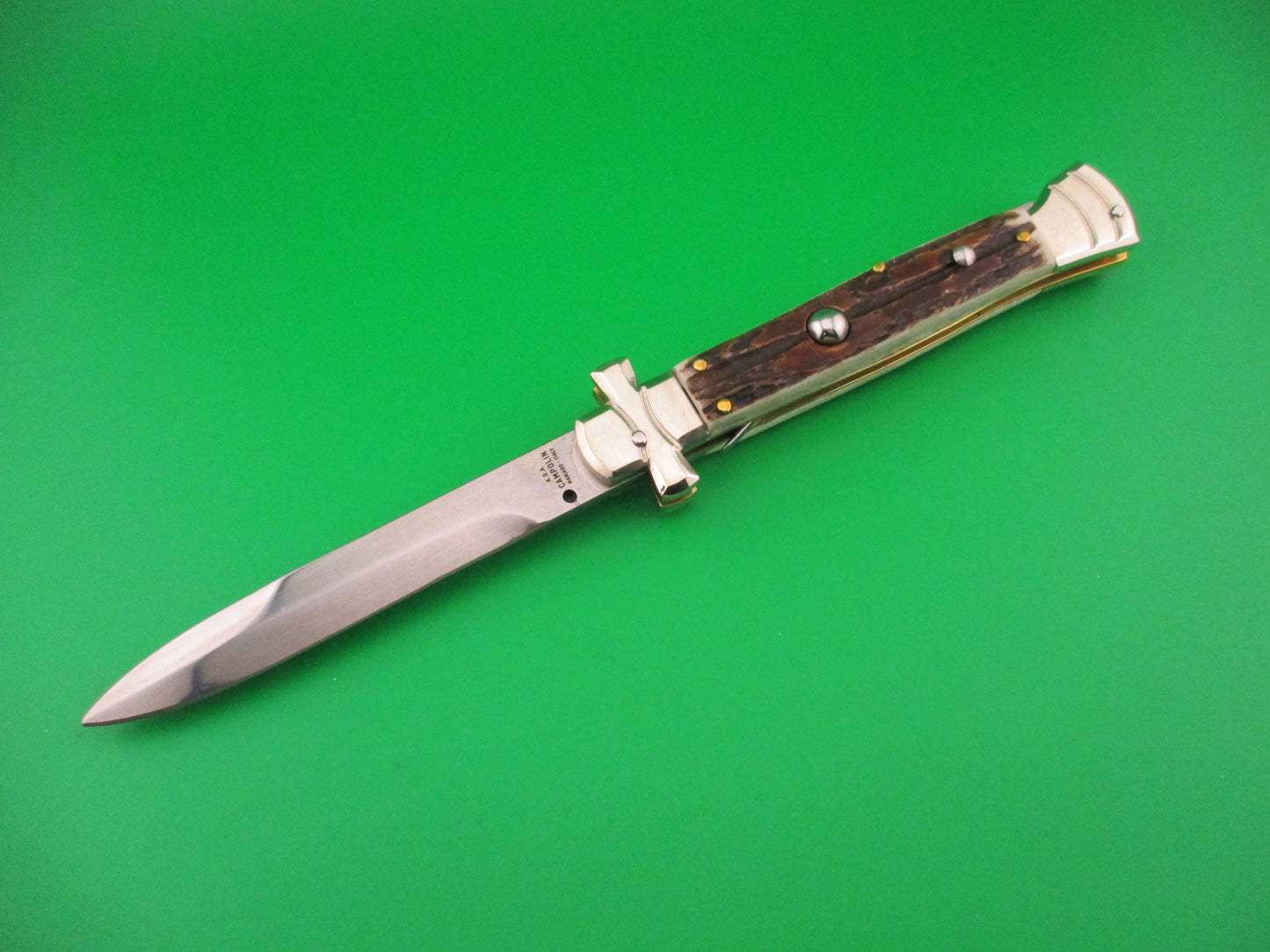 AGA CAMPOLIN 23cm Italian Maltese Stag crossguard automatic knife w box