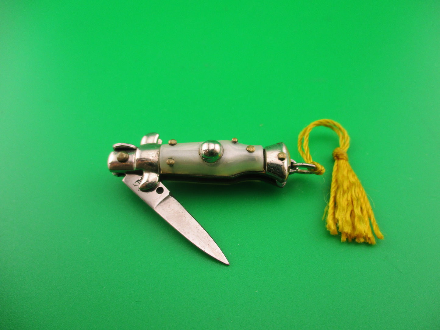 INOX ITALY 7cm Italian Mini Picklock 4 pin vintage automatic knife w Yellow tassel