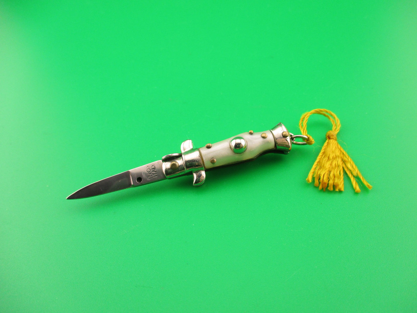INOX ITALY 7cm Italian Mini Picklock 4 pin vintage automatic knife w Yellow tassel