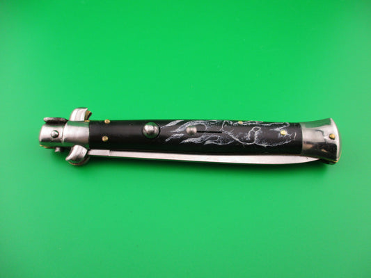 Sterile 28cm Italian Stiletto Black Scrimshaw Bear, Flames & Moon automatic knife