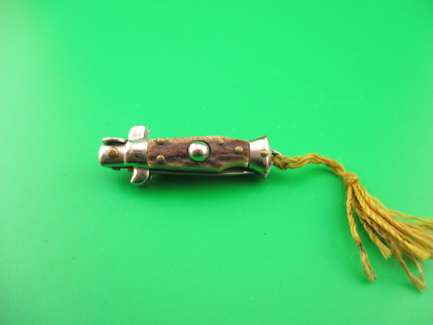 INOX 7cm Italian Mini Picklock Stag 4 pin vintage automatic knife w Yellow tassel