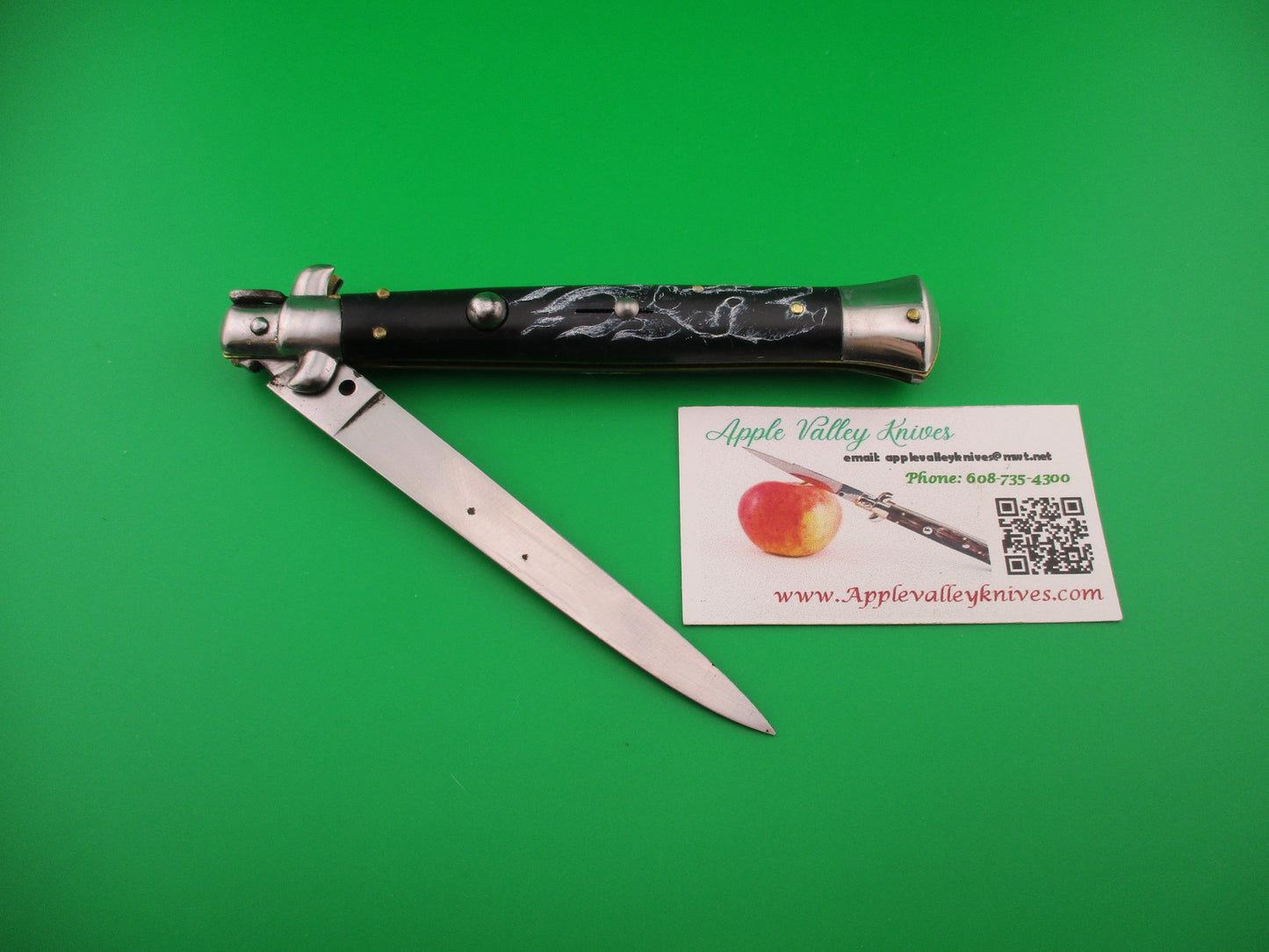 Sterile 28cm Italian Stiletto Black Scrimshaw Bear, Flames & Moon automatic knife