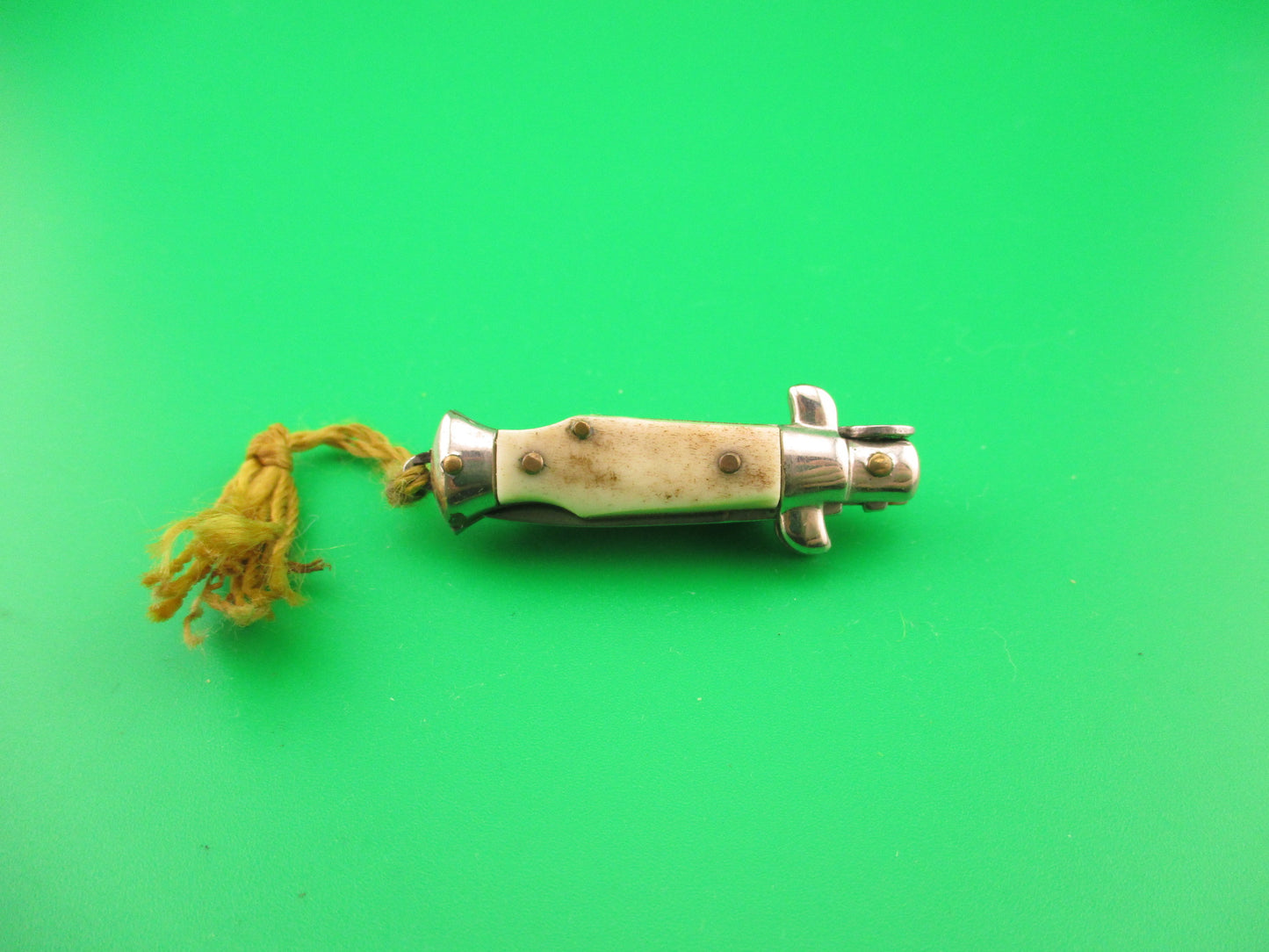 INOX 7cm Italian Mini Picklock Stag 4 pin vintage automatic knife w Yellow tassel