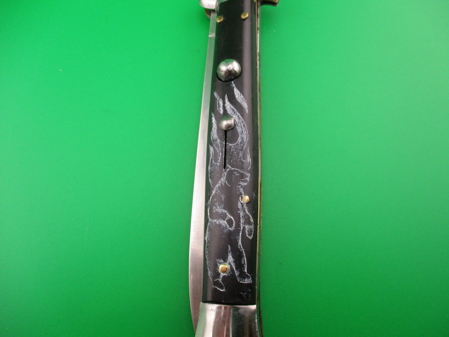 Sterile 28cm Italian Stiletto Black Scrimshaw Bear, Flames & Moon automatic knife