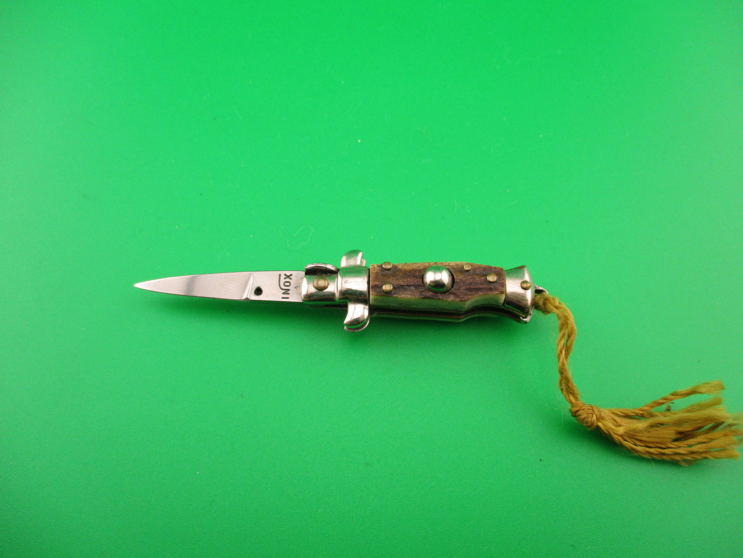 INOX 7cm Italian Mini Picklock Stag 4 pin vintage automatic knife w Yellow tassel