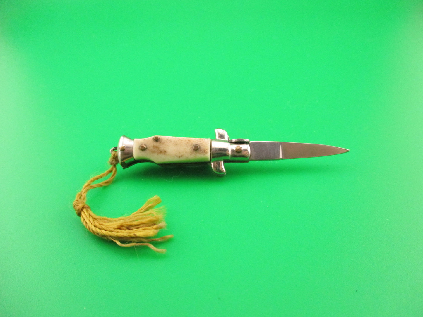 INOX 7cm Italian Mini Picklock Stag 4 pin vintage automatic knife w Yellow tassel