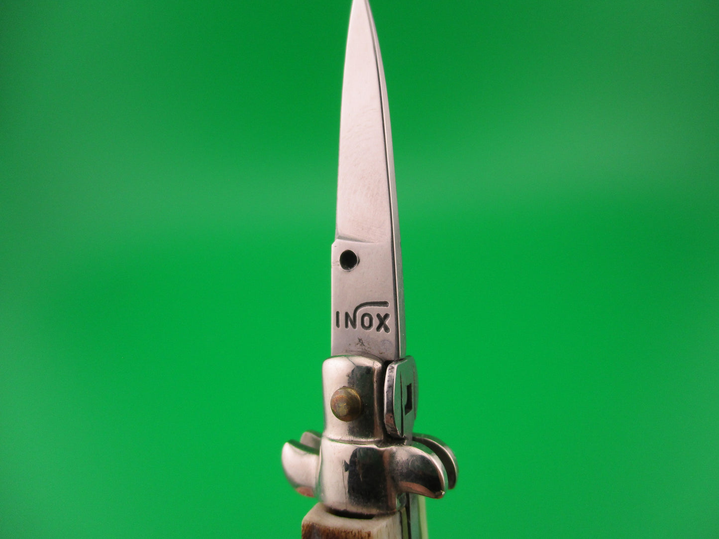 INOX 7cm Italian Mini Picklock Stag 4 pin vintage automatic knife w Yellow tassel