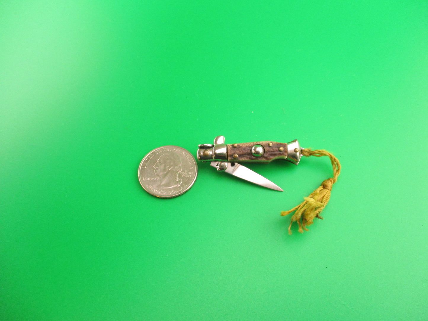 INOX 7cm Italian Mini Picklock Stag 4 pin vintage automatic knife w Yellow tassel