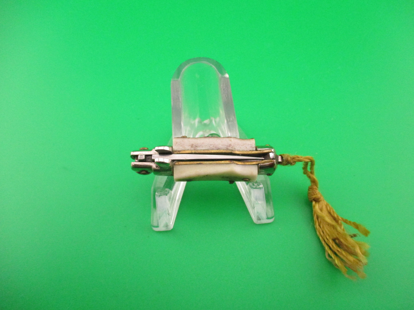 INOX 7cm Italian Mini Picklock Stag 4 pin vintage automatic knife w Yellow tassel