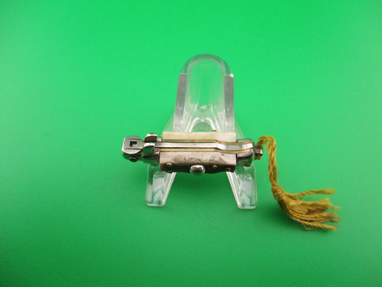 INOX 7cm Italian Mini Picklock Stag 4 pin vintage automatic knife w Yellow tassel