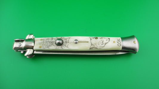 z J INOX 28cm Italian Swivel bolster Scrimshaw Wolf Eyes automatic knife OSK MULAS