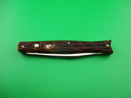 PRESTO Fishtail Jigged bone vintage 1940s automatic knife #6000S EXTRA NICE
