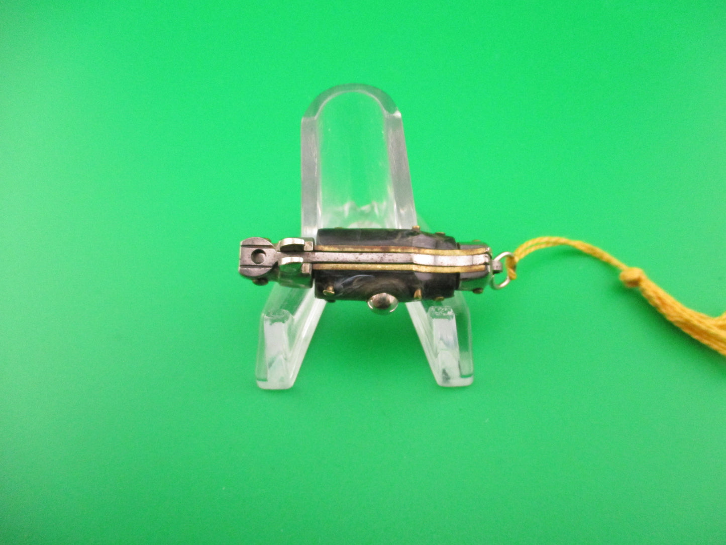 INOX 7cm Italian Tiny Picklock Gray Swirl Yellow tassel vintage 1970s automatic knife