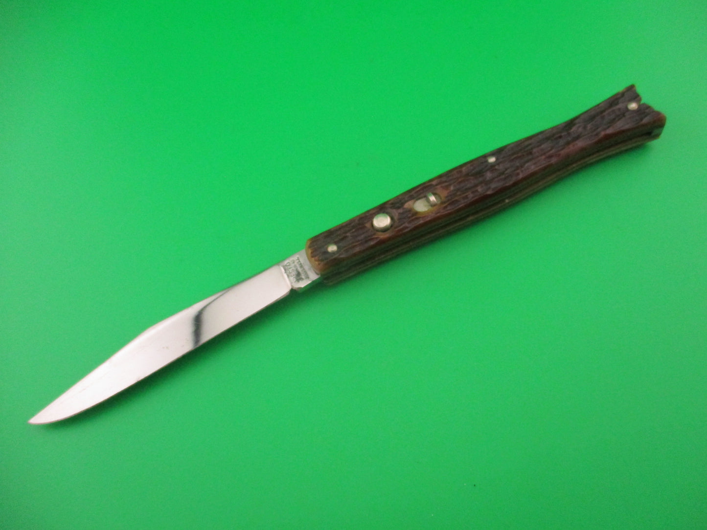 PRESTO Fishtail Jigged bone vintage 1940s automatic knife #6000S EXTRA NICE