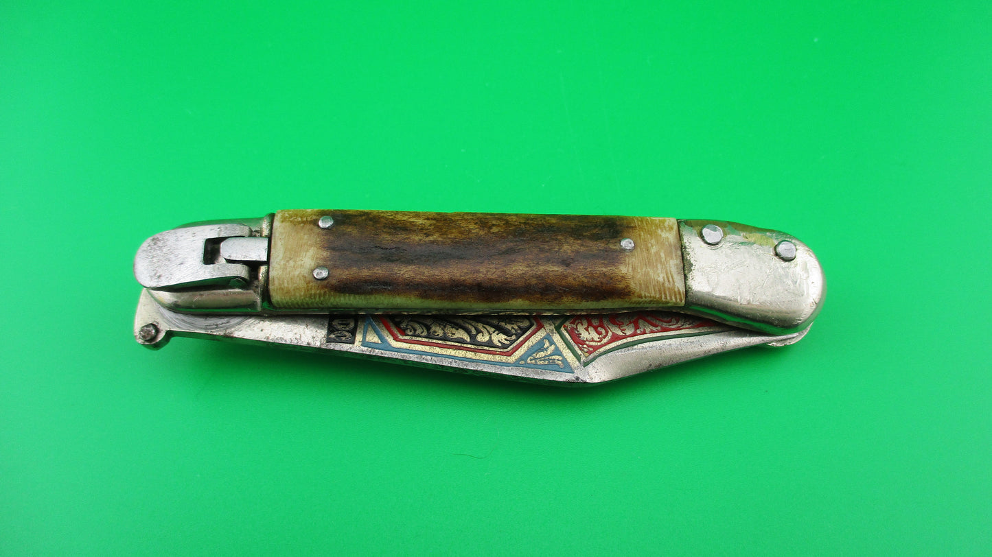 TOLEDO 17cm Spanish Vintage  Stag Lever Tourist automatic knife painted blade