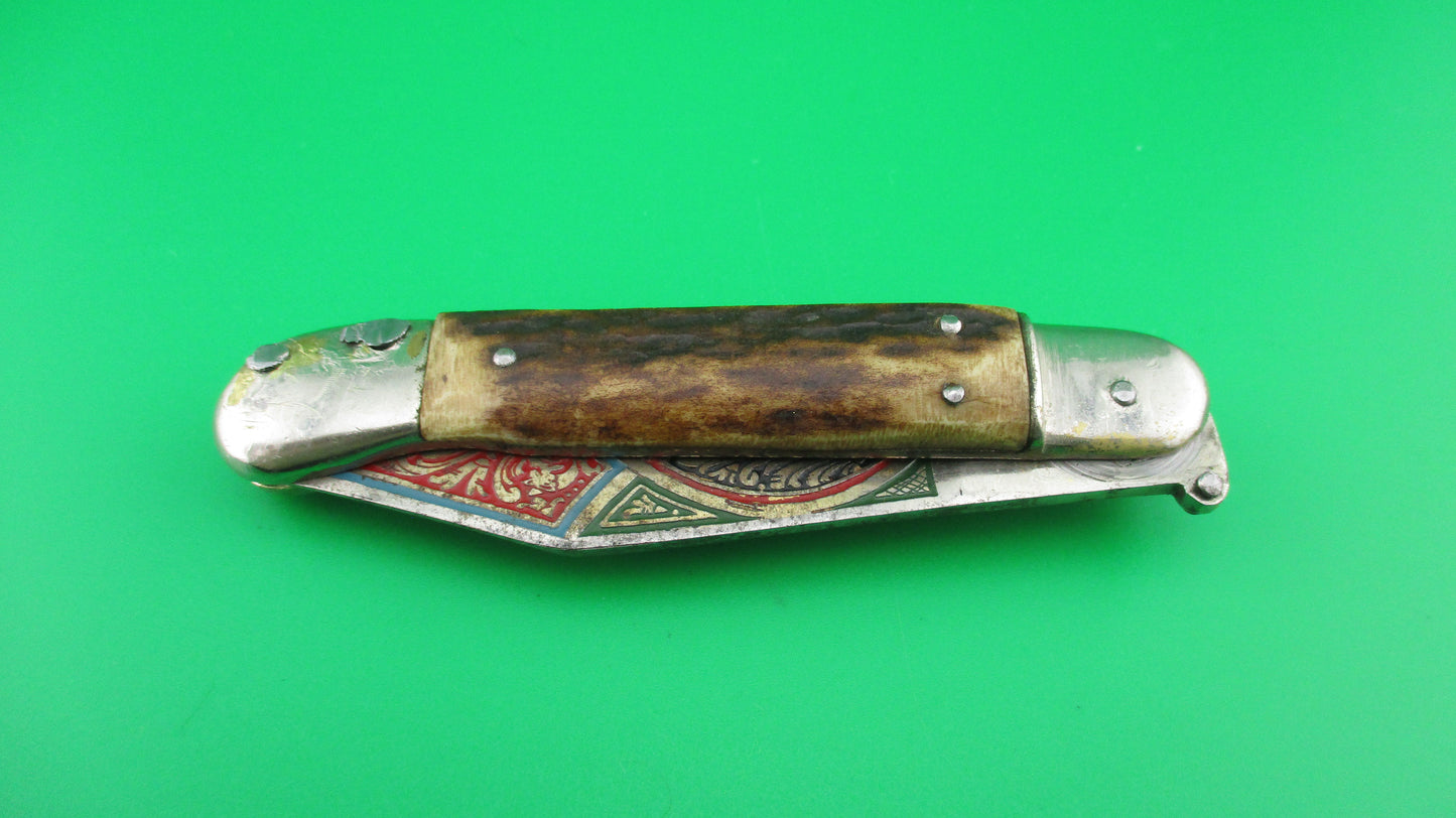 TOLEDO 17cm Spanish Vintage  Stag Lever Tourist automatic knife painted blade