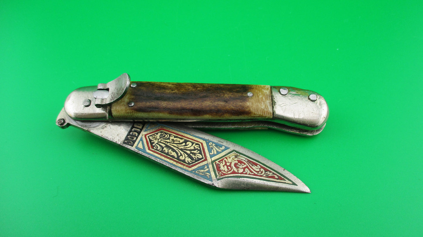 TOLEDO 17cm Spanish Vintage  Stag Lever Tourist automatic knife painted blade