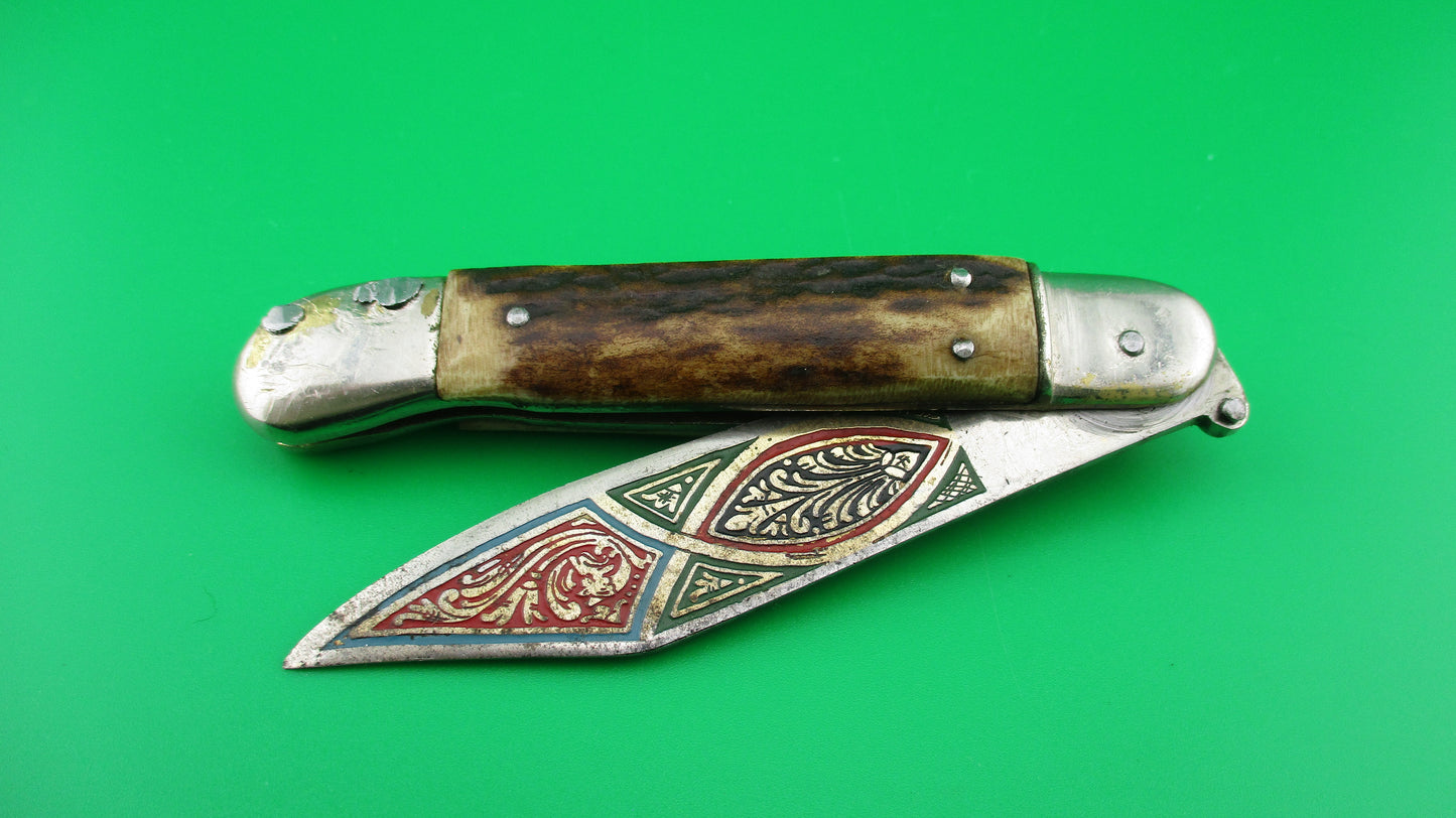 TOLEDO 17cm Spanish Vintage  Stag Lever Tourist automatic knife painted blade