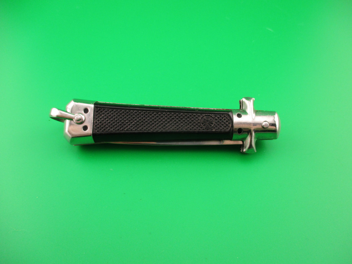 BARGEON INOX 19cm French Automatic Knife Black checkered Red Dot safety