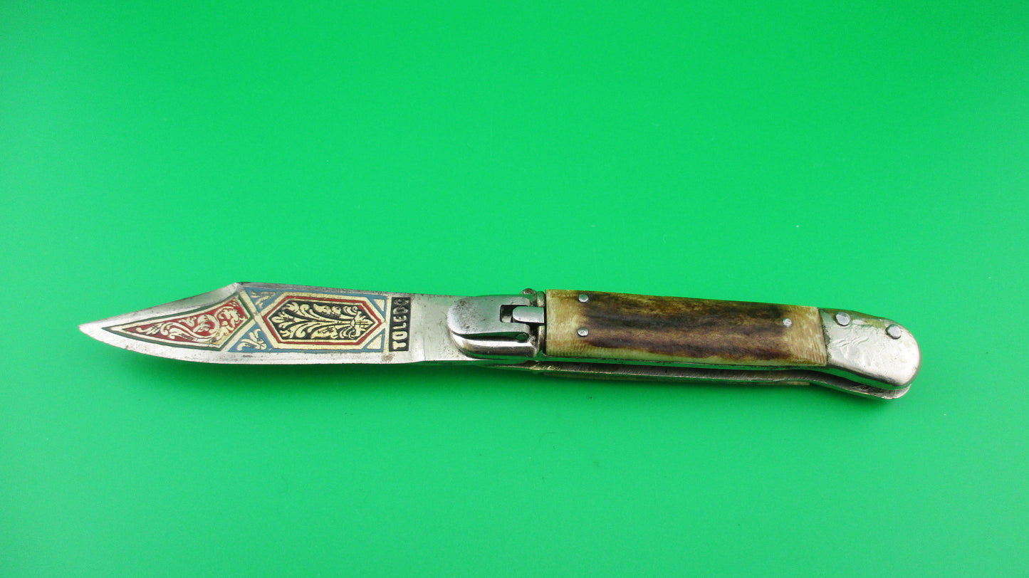 TOLEDO 17cm Spanish Vintage  Stag Lever Tourist automatic knife painted blade