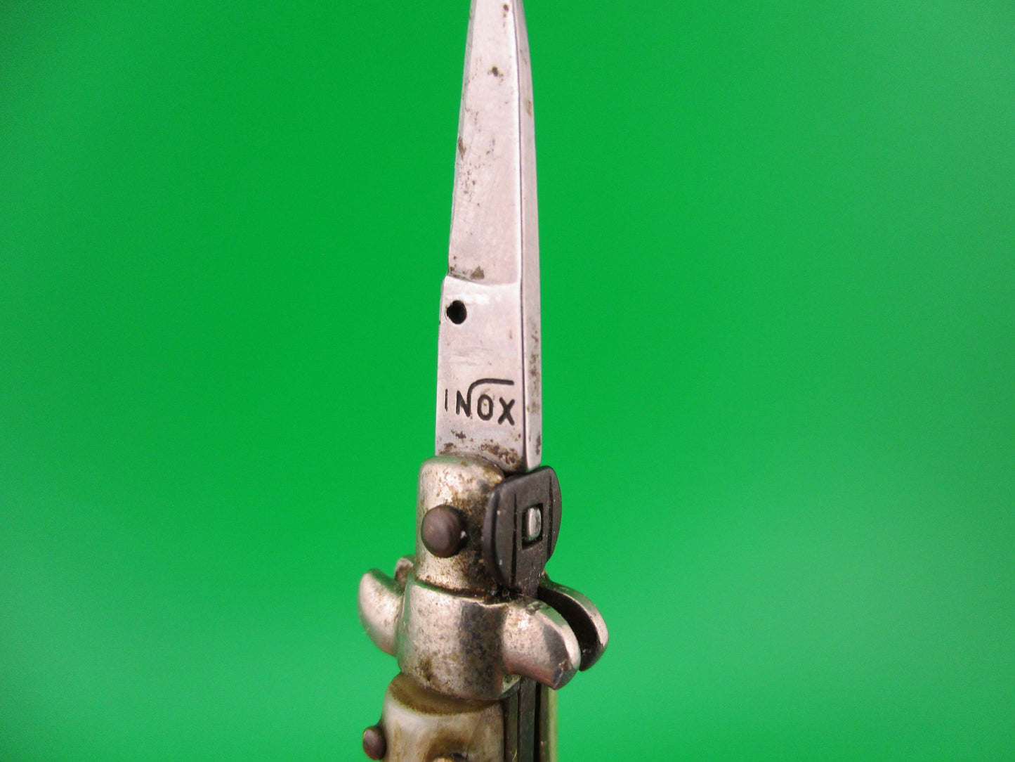 INOX 7cm Italian Tiny Picklock 4 pin Pearlex Yellow tassel vintage 1970s automatic knife