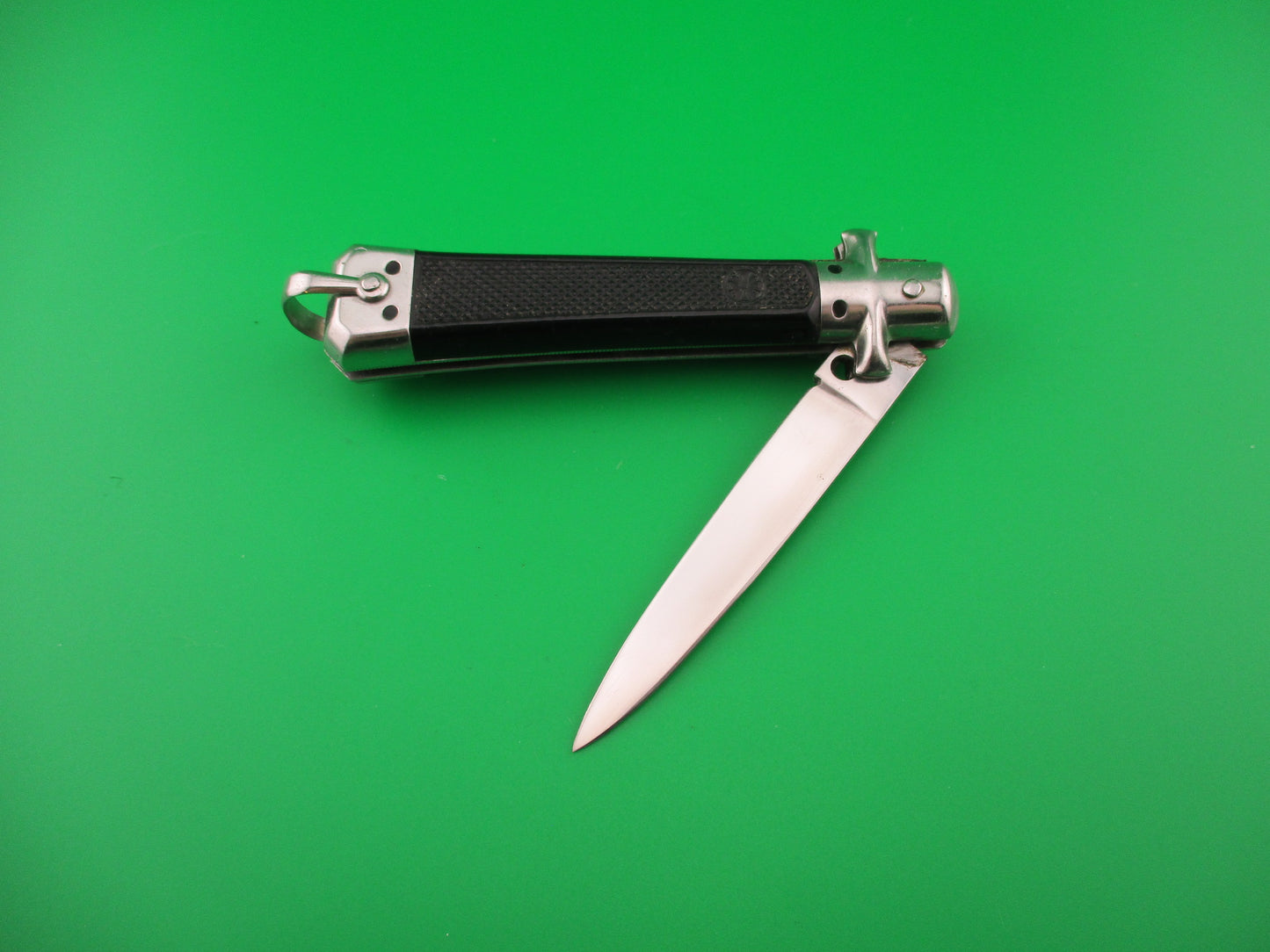 BARGEON INOX 19cm French Automatic Knife Black checkered Red Dot safety