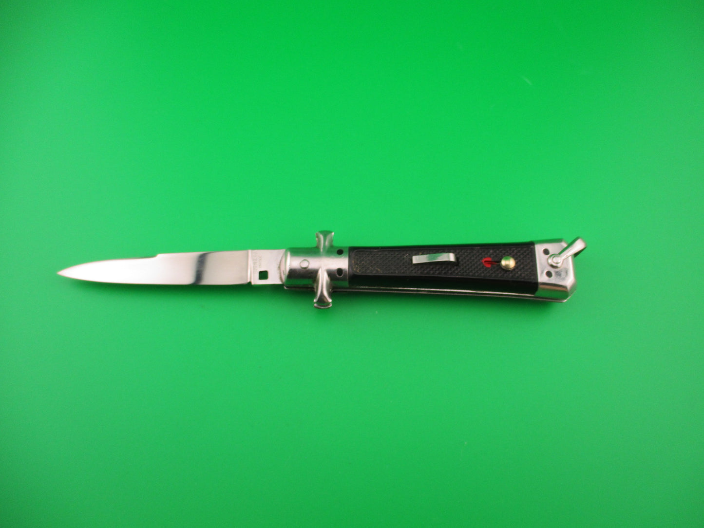 BARGEON INOX 19cm French Automatic Knife Black checkered Red Dot safety