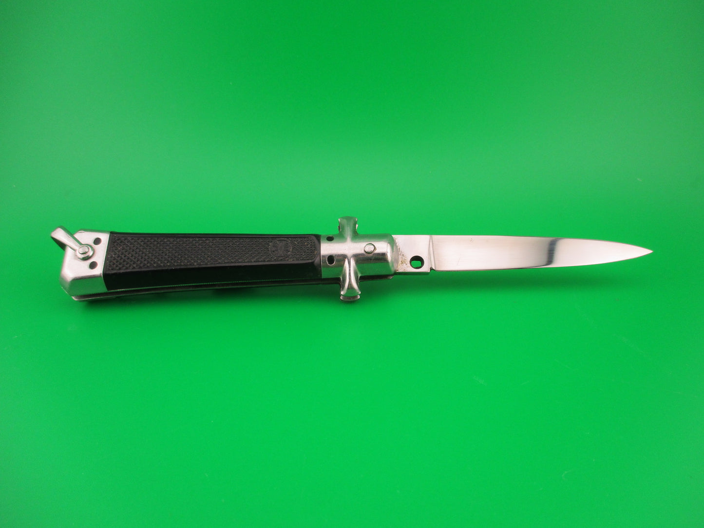 BARGEON INOX 19cm French Automatic Knife Black checkered Red Dot safety