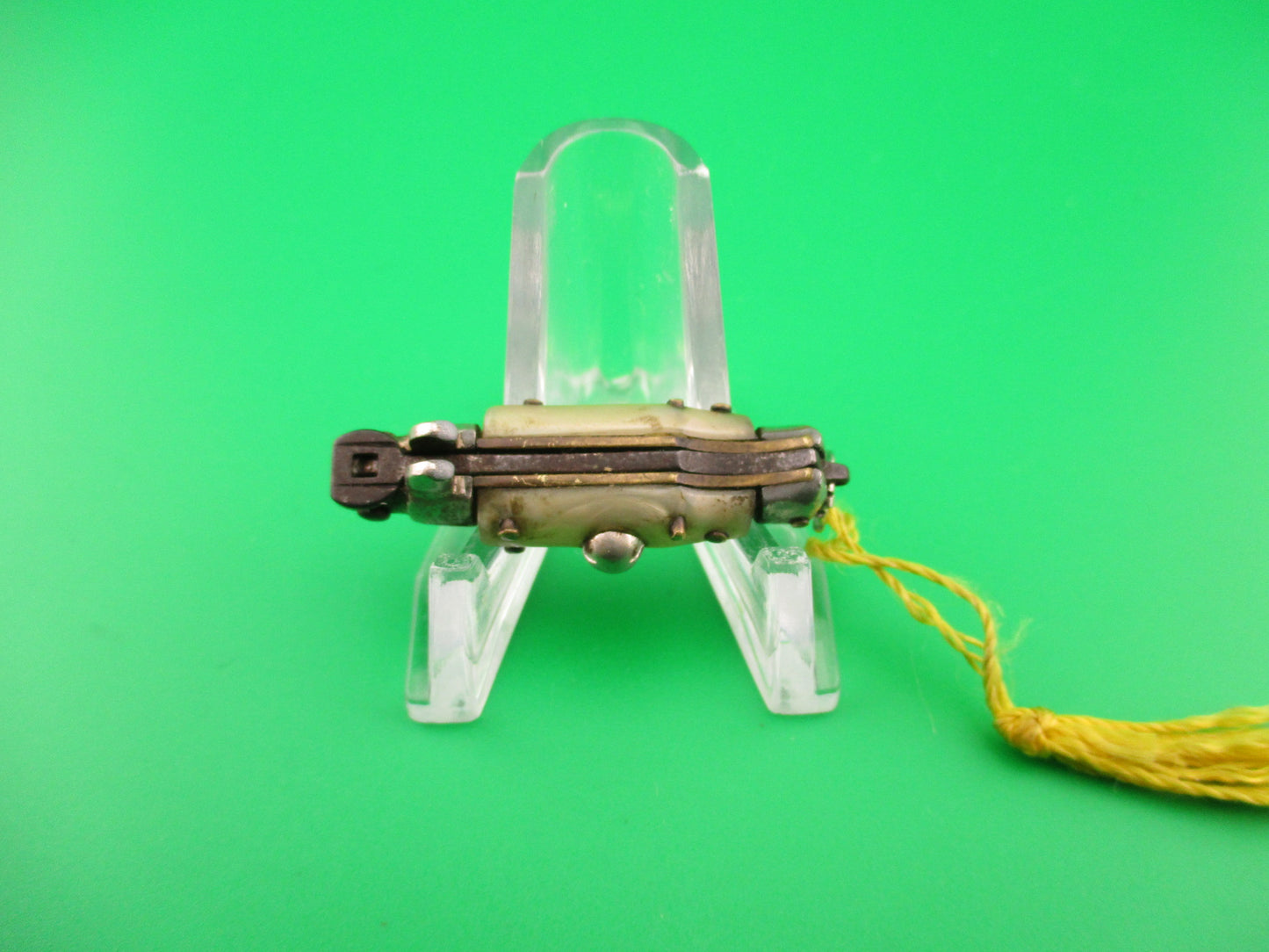 INOX 7cm Italian Tiny Picklock 4 pin Pearlex Yellow tassel vintage 1970s automatic knife