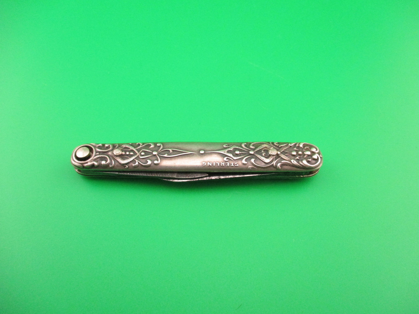 Press Button Knife Co Small Sterling Gothic double automatic knife with File blade