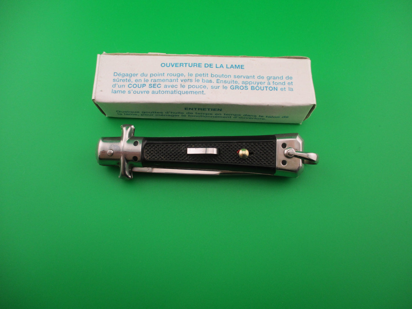 BARGEON INOX 19cm French Automatic Knife Black checkered Red Dot safety