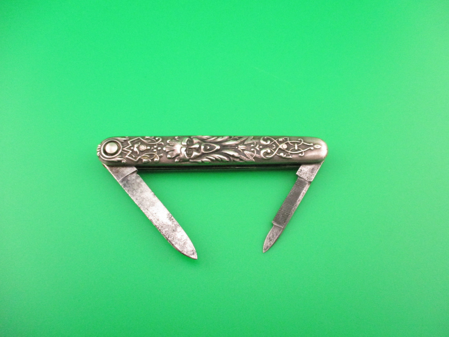 Press Button Knife Co Small Sterling Gothic double automatic knife with File blade