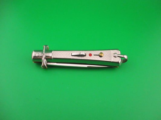 BARGEON 19cm French NOS All metal humped rectangle button red dot automatic knife in box