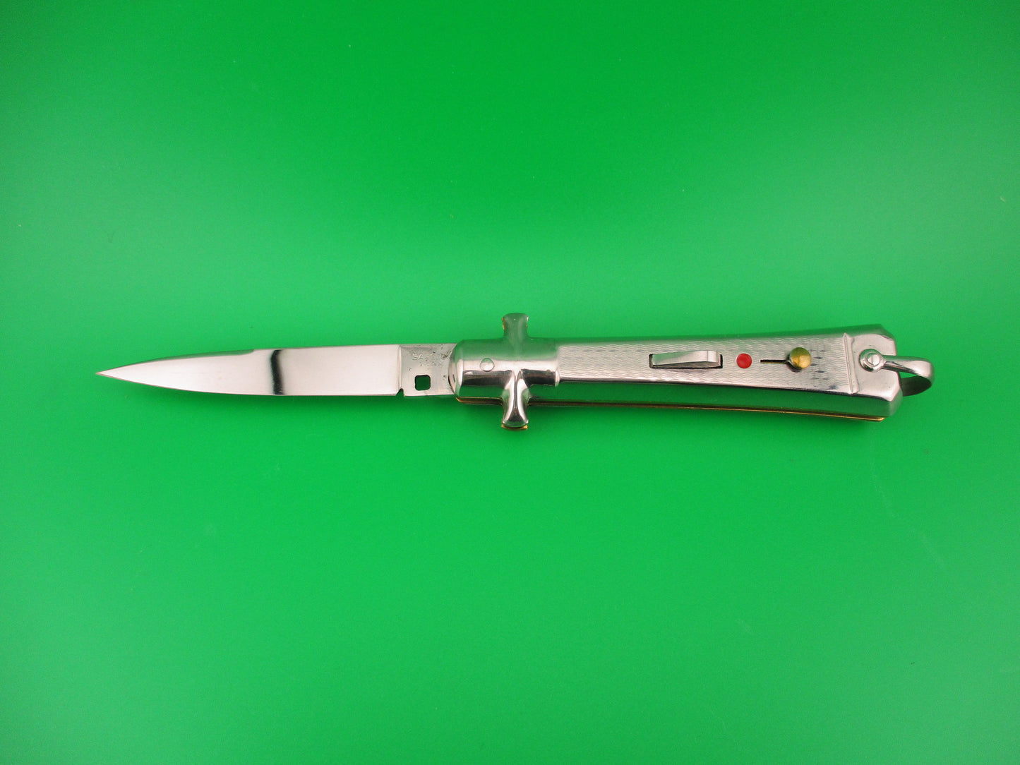 BARGEON 19cm French NOS All metal humped rectangle button red dot automatic knife in box