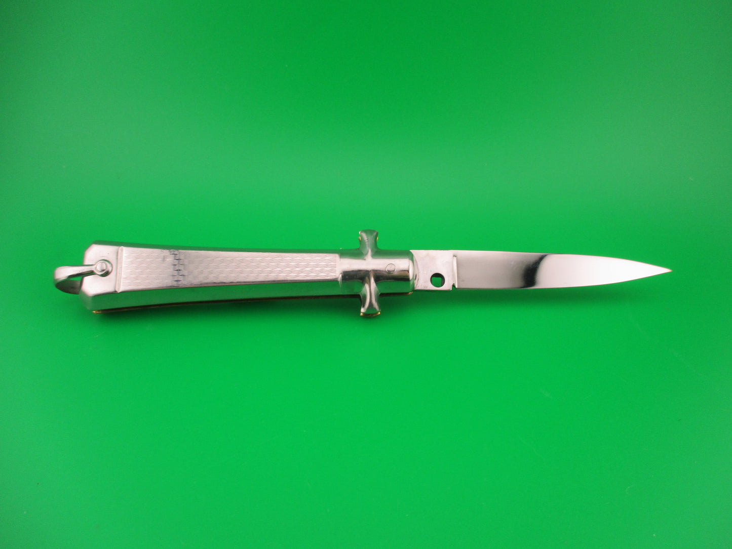 BARGEON 19cm French NOS All metal humped rectangle button red dot automatic knife in box