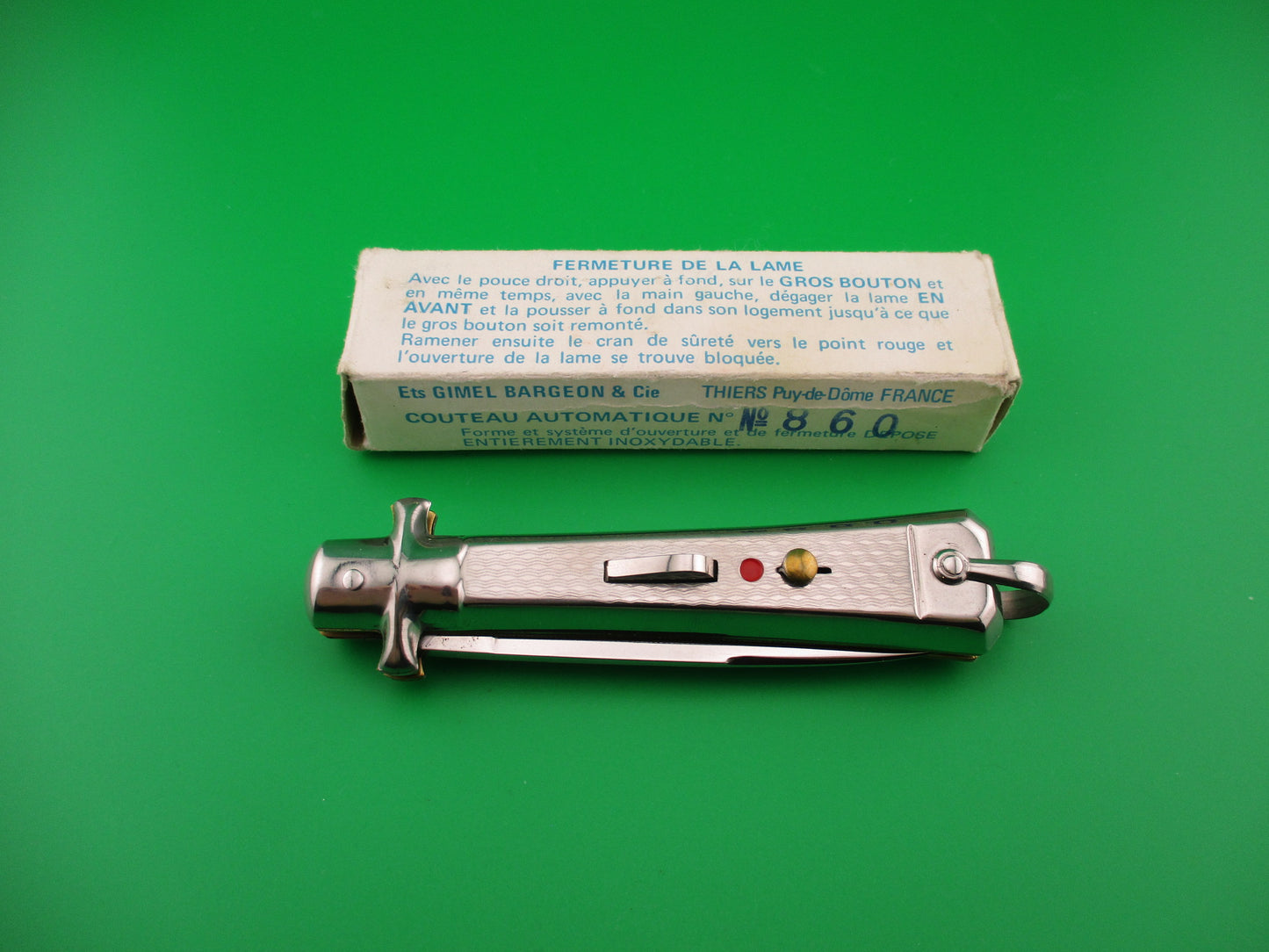 BARGEON 19cm French NOS All metal humped rectangle button red dot automatic knife in box