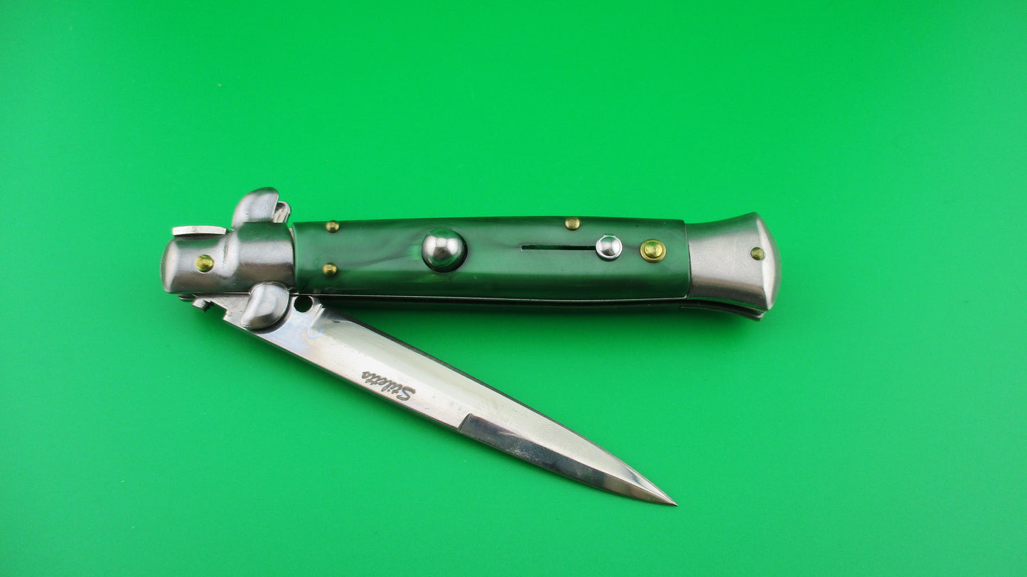 Stiletto 22cm NOS Italian style Stiletto swivel bolster Green pearlex switchblade knife