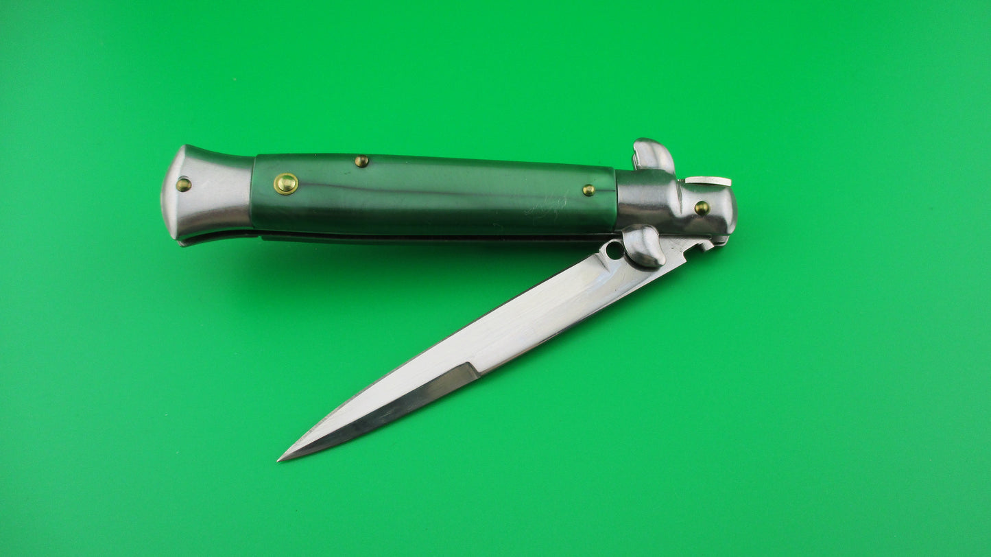 Stiletto 22cm NOS Italian style Stiletto swivel bolster Green pearlex switchblade knife