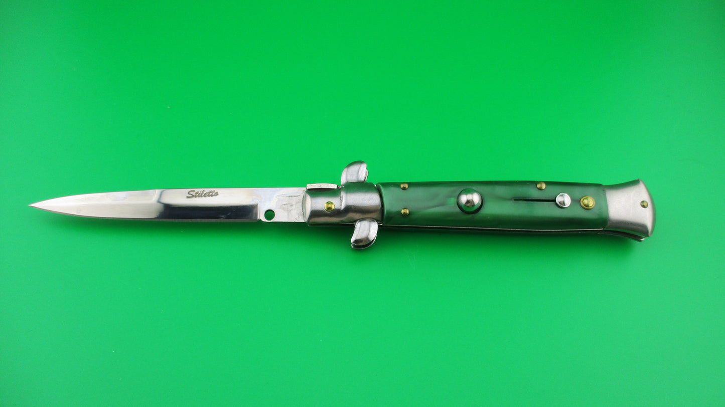 Stiletto 22cm NOS Italian style Stiletto swivel bolster Green pearlex switchblade knife