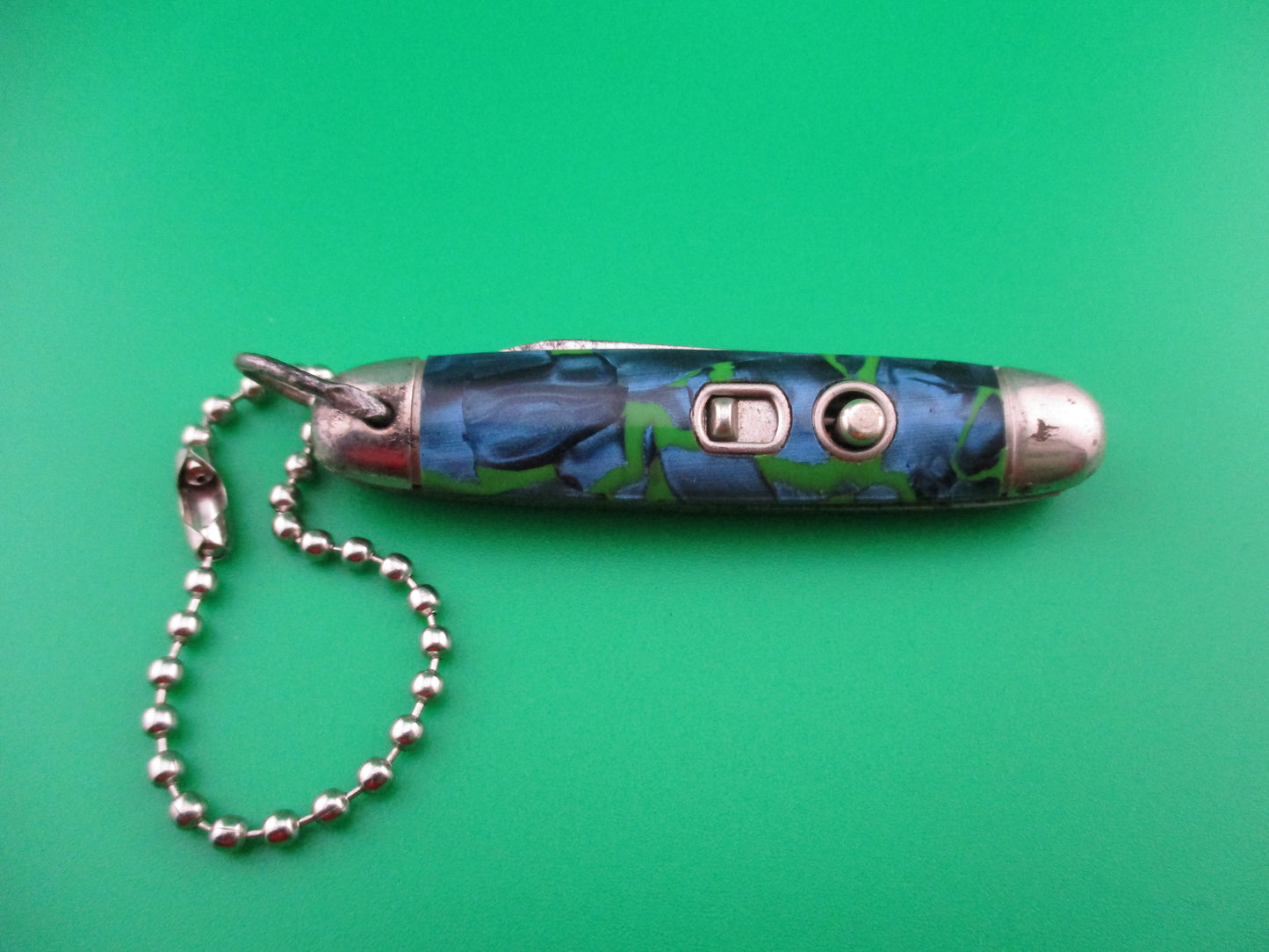 Imperial Keychain Blue Pearl Green swirl switchblade knife