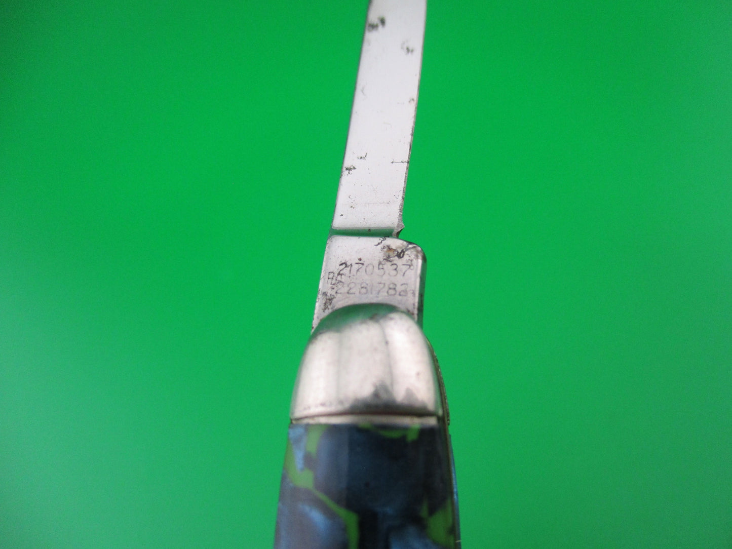 Imperial Keychain Blue Pearl Green swirl switchblade knife