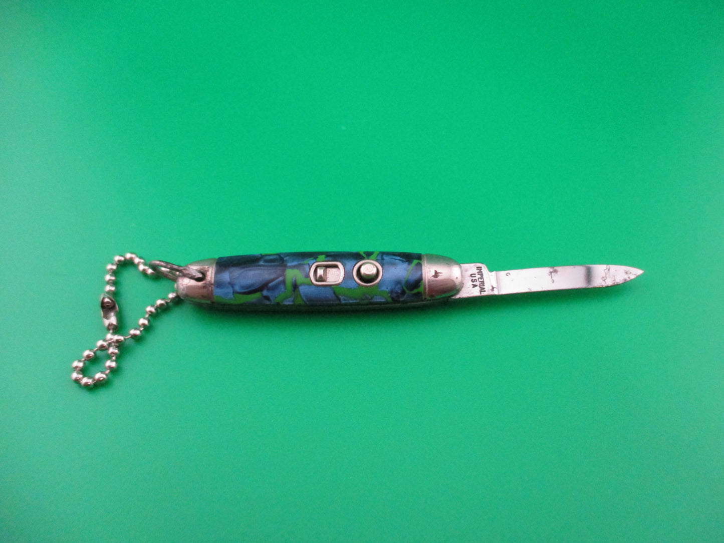 Imperial Keychain Blue Pearl Green swirl switchblade knife